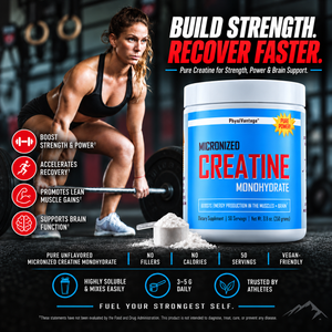 PhysiVantage Micronized Creatine Monohydrate supplement tub shown in a promotional fitness graphic with a woman lifting a barbell, product details, and benefit icons on a dark gym-themed background.