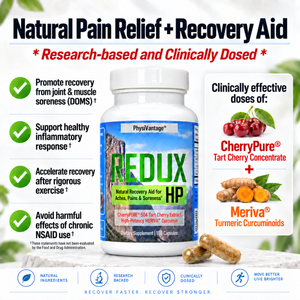 PhysiVantage REDUX-HP natural pain relief and recovery supplement infographic featuring CherryPure tart cherry and Meriva curcumin for muscle soreness, joint support, inflammation response, and exercise recovery.