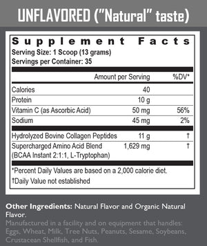 unflavored supercharged collagen supplement fact panel