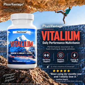 PhysiVantage Vitalium daily performance multivitamin supplement bottle shown against a mountain climbing backdrop with promotional text and feature icons about the hormone support, immune support, and energy promoting micronutrients contained in this supplement.